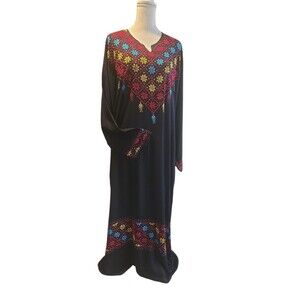 Handmade Palestinian Tradition black Dress Multicolors Embroidered Thobe ethnic